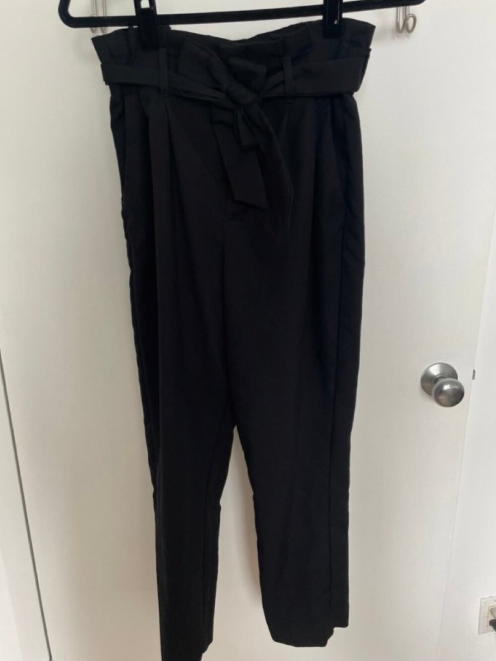 Black tie-waist paper bag pants